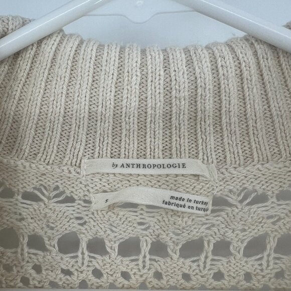 Anthropologie Ivory Cream Open Knit Collared Split Neck Sweater Women's Small - Picture 2 of 4